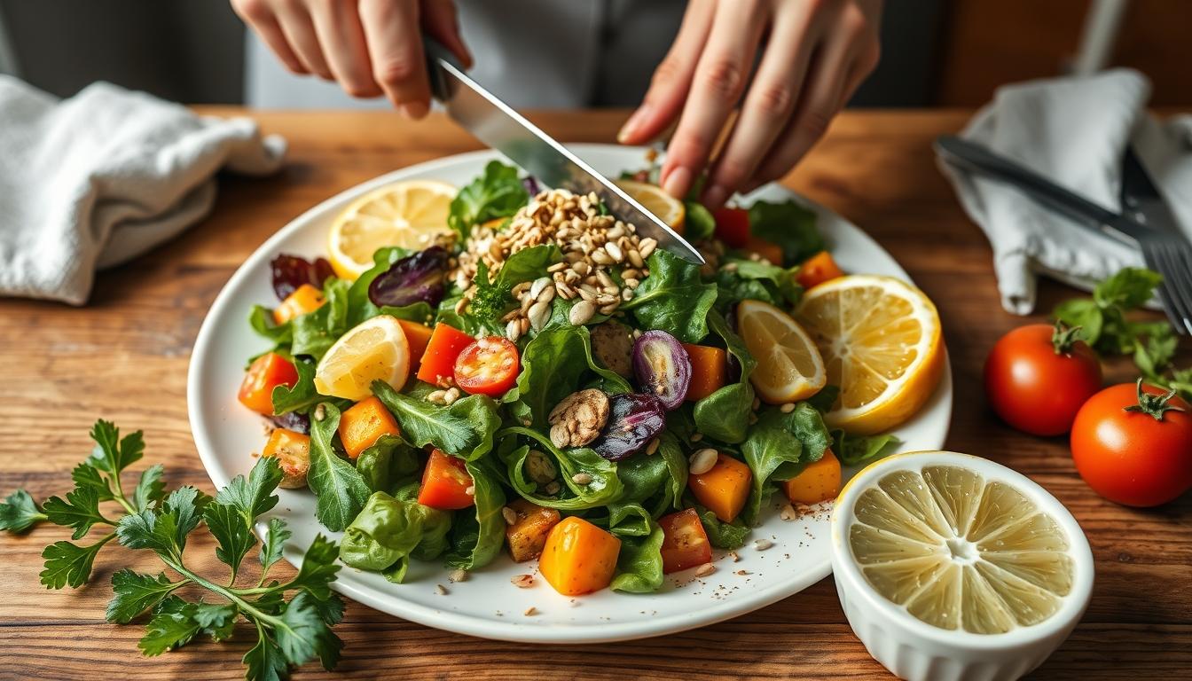 Balanced healthy meal prepared in a home kitchen